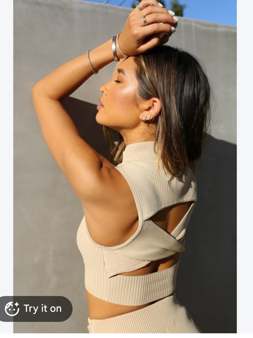 Camila Coelho Beige Ribbed Cutout Mock Neck Crop Top